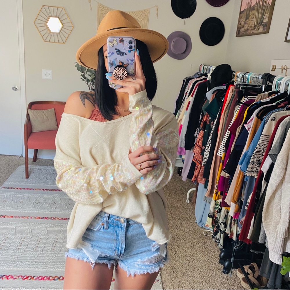 Free People Ivory Sequin Sleeve Slouchy Sweatshirt - Picture 9 of 11